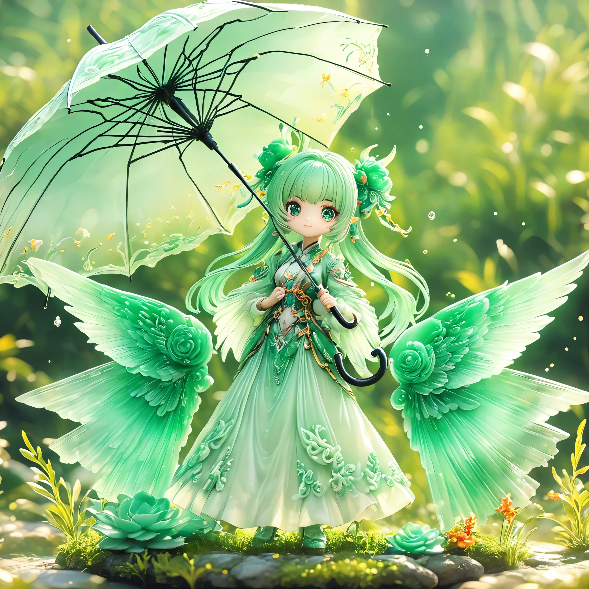 best quality, very good, 16K, ridiculous, Very detailed, charming(((Person holding an umbrella1.3)))wing，Made of translucent jadeite, Background grassland（（A masterpiece full of fantasy elements）））， （（best quality））， （（Intricate details））（8K）