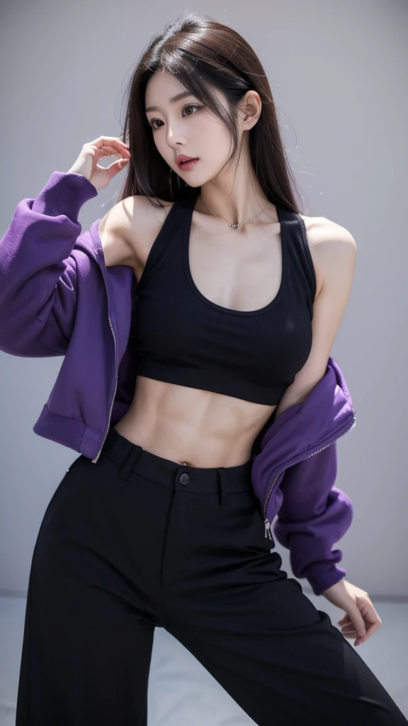 Japanese woman wearing a black jacket and purple tank top, tight black trousers, with six pack abs, long hair