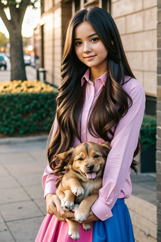 girl with long hair,holding a puppy,pink long sleeve shirt,blue skirt