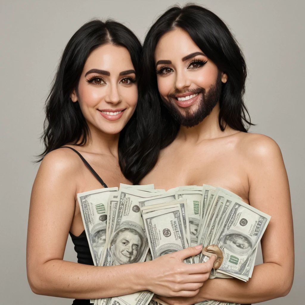 bearded woman beautiful shaggy beard, black hair, brown eyes, eyeliner, proud smile, seductive look, hold a load of dollar bills