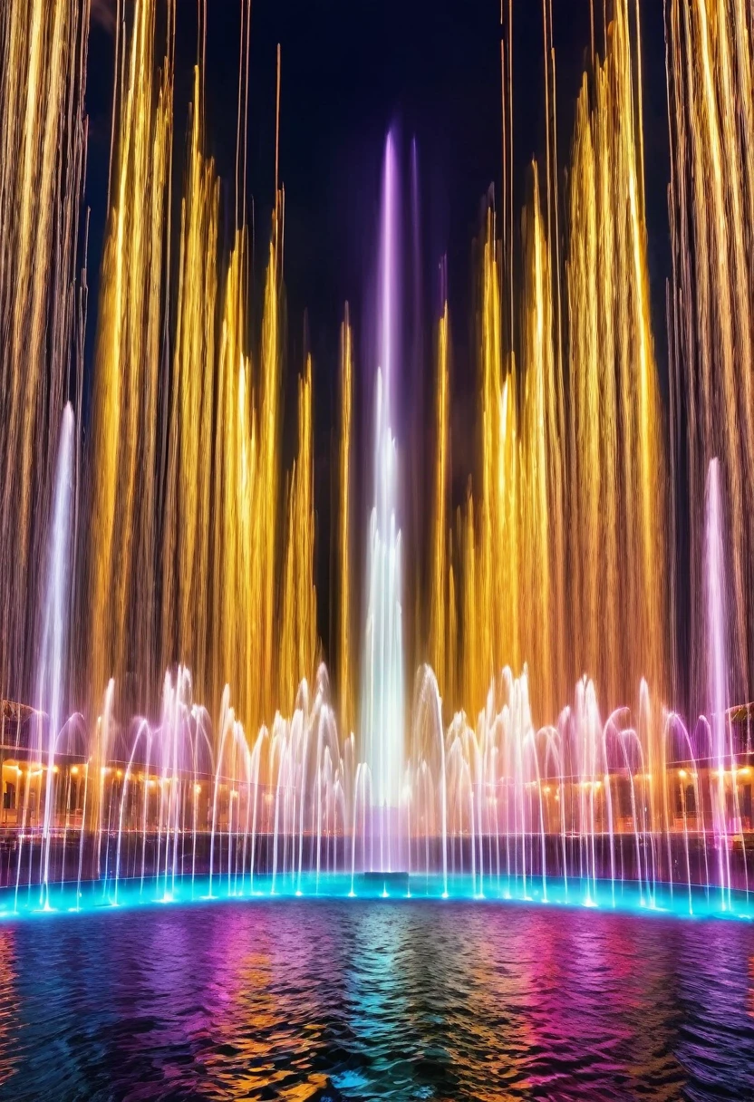 Dancing water columns of a musical fountain、Various combinations of light and water column々Create a unique pattern,Create a colorful scene,Detailed fantasy digital art,Highly detailed digital art in 4K,fantasy art action,Nice、money、High-quality images、gorgeous