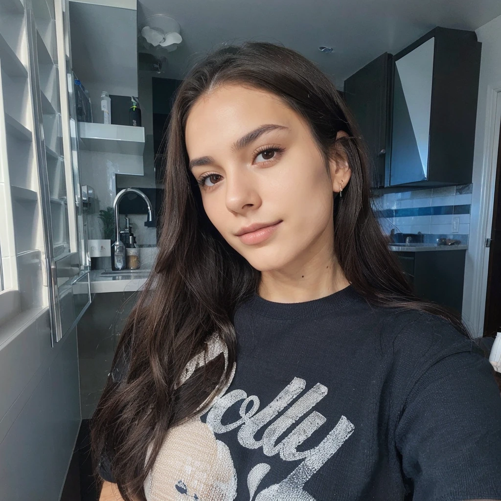 22 years old french, girl, dark brown hair, highly detailed face and beautiful brown eyes, long hair, big natural , in the bathroom, full seductive body, wearing underwears, seductive smirk