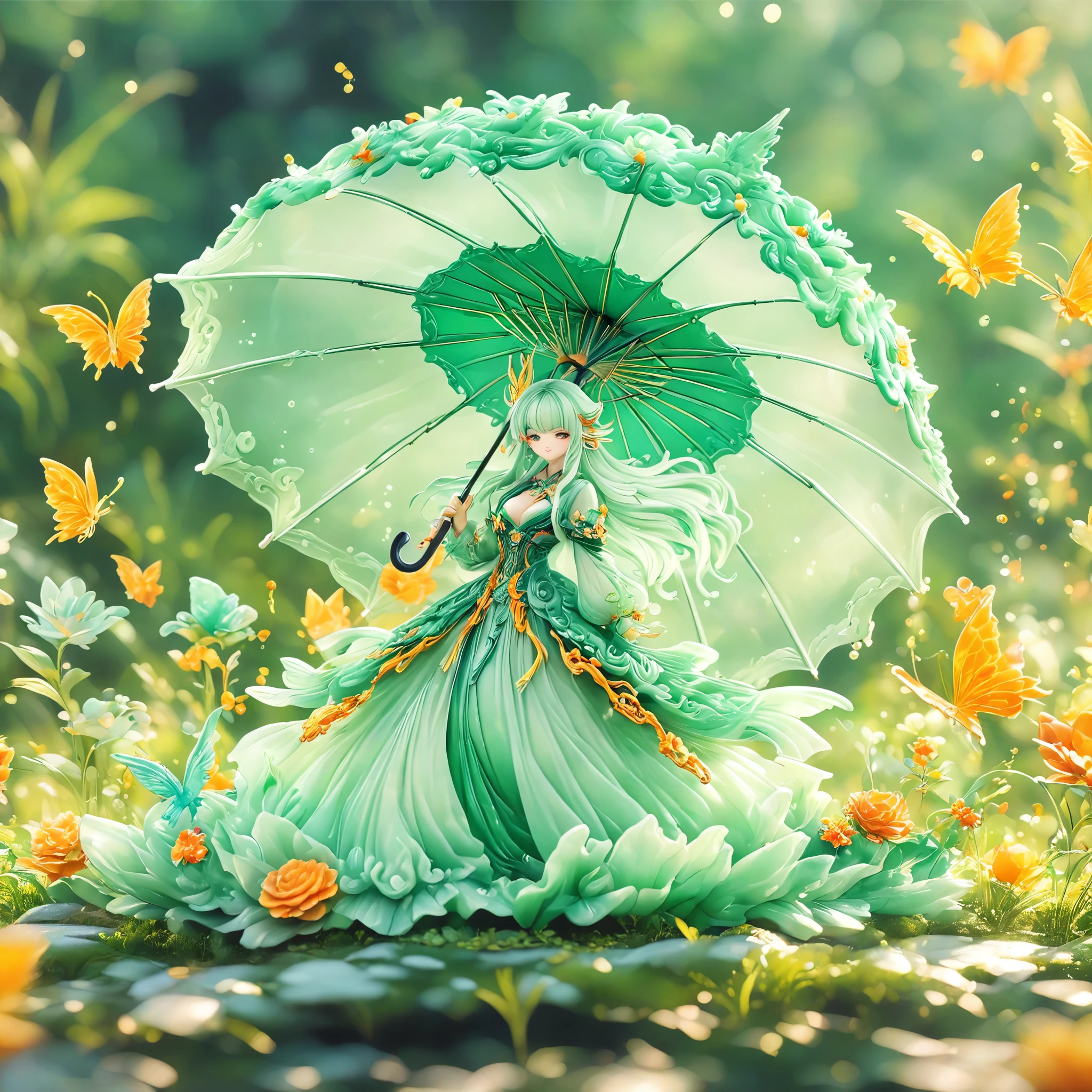 best quality, very good, 16K, ridiculous, Very detailed, charming(((Person holding an umbrella1.3)))wing，Made of translucent jadeite, Background grassland（（A masterpiece full of fantasy elements）））， （（best quality））， （（Intricate details））（8K）