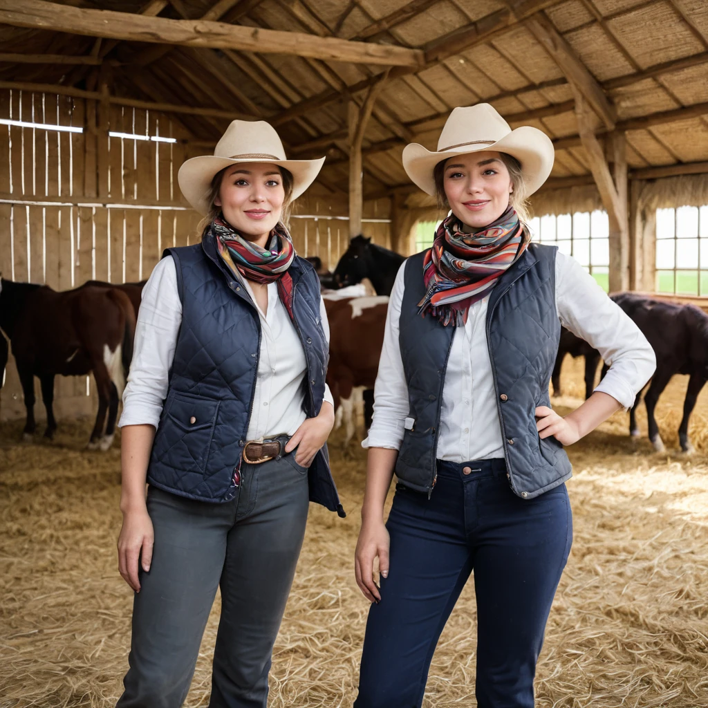 portrait de belles femmes dans une ferme boueuse:1.2 , Chapeau de cowboy, gilet à franges , pantalon, foulard , confiance , poitrine moyenne,