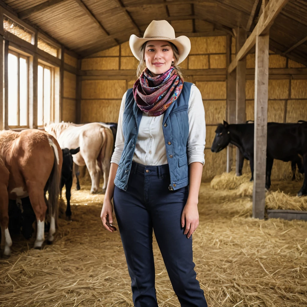 portrait de belles femmes dans une ferme boueuse:1.2 , Chapeau de cowboy, gilet à franges , pantalon, foulard , confiance , poitrine moyenne,