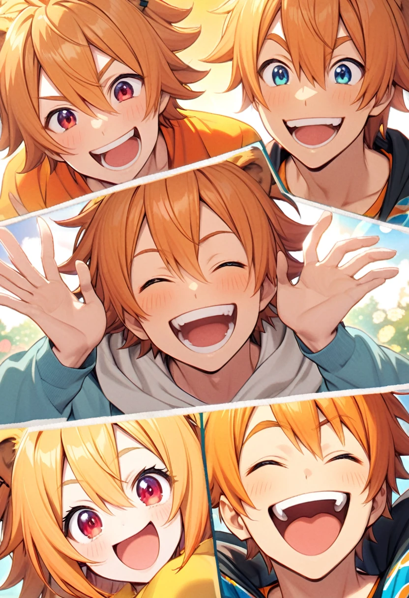 Orange-haired boy,Lion style,Sunny and cheerful,Laughing,Red eyes,Blue eyebrows,black