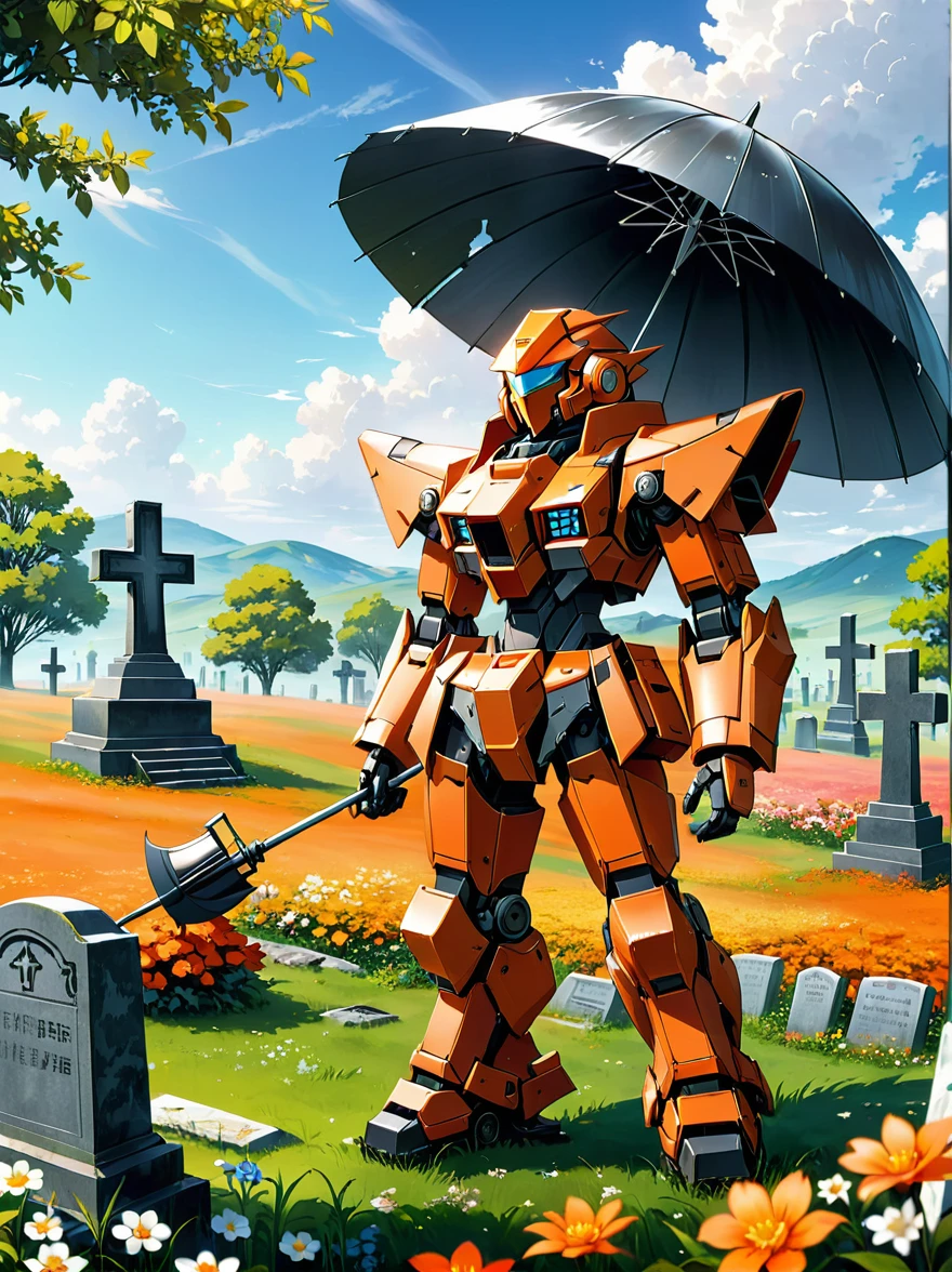 An orange-red mech stands on a meadow full of flowers，(Holding a huge steel umbrella)，Lower your head，(The whole scene looks dilapidated.)，(Loneliness)，Cemetery，tombstone