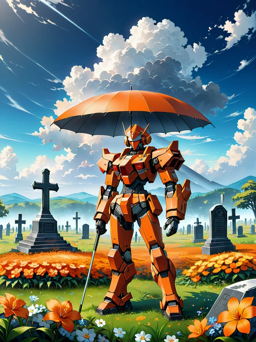 An orange-red mech stands on a meadow full of flowers，(Holding a huge steel umbrella)，Lower your head，(The whole scene looks dilapidated.)，(Loneliness)，Cemetery，tombstone