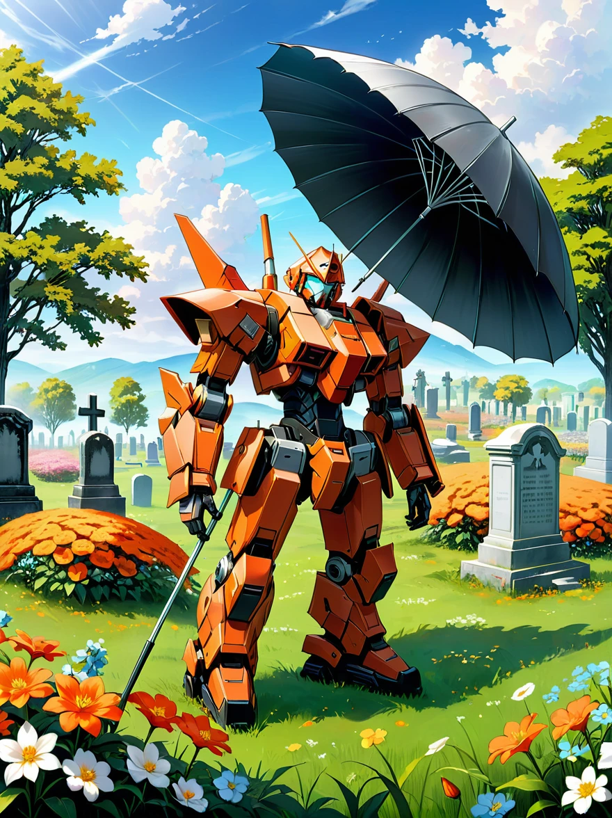 An orange-red mech stands on a meadow full of flowers，(Holding a huge steel umbrella)，Lower your head，(The whole scene looks dilapidated.)，(Loneliness)，Cemetery，tombstone