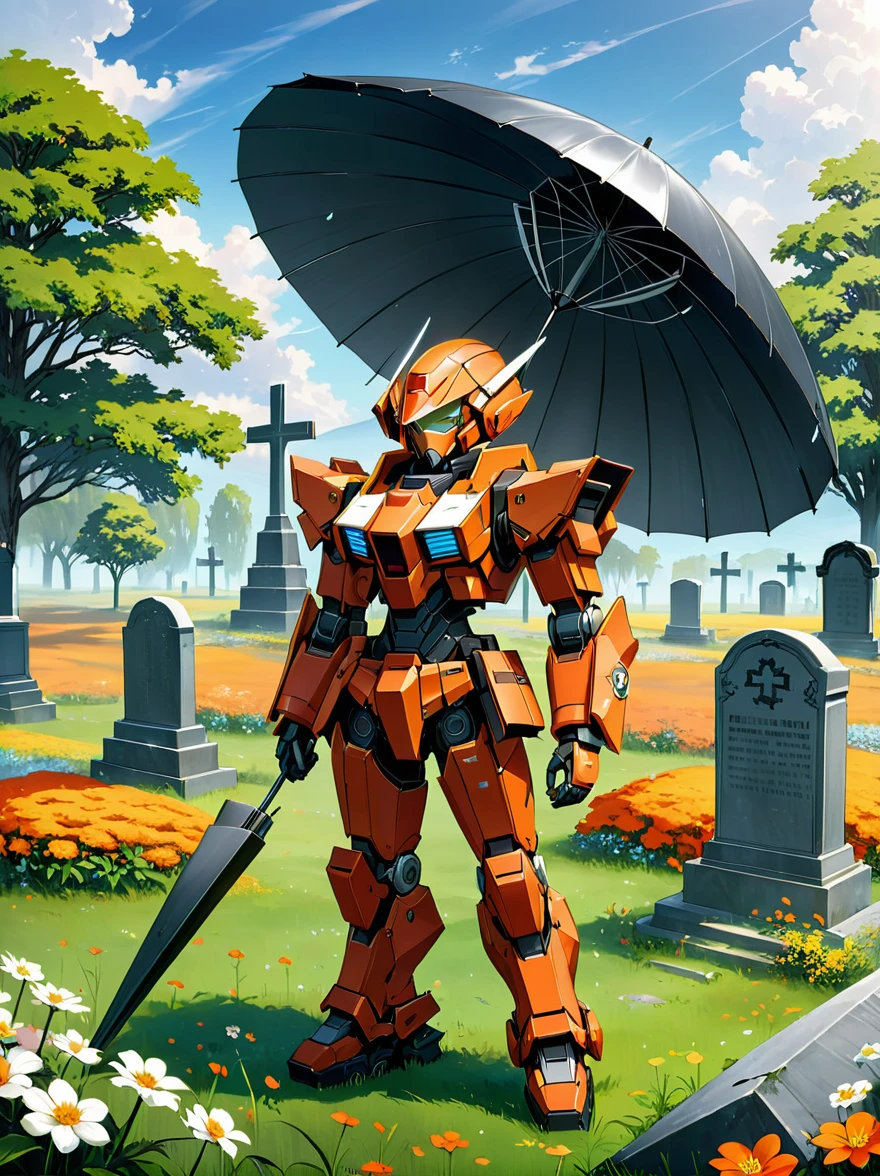 An orange-red mech stands on a meadow full of flowers，(Holding a huge steel umbrella)，Lower your head，(The whole scene looks dilapidated.)，(Loneliness)，Cemetery，tombstone