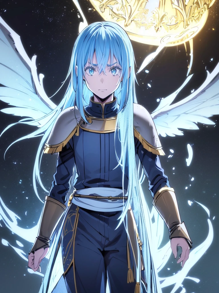 (best quality,4k,8k,highres,masterpiece:1.2),ultra-detailed,(realistic,photorealistic,photo-realistic:1.37),1 demonic androgynous character,long blue hair,golden eyes,demonic wings,Rey de reyes,Rimuru tempest,highly detailed face,intricate costume,fantasy,dramatic lighting,cinematic composition,moody atmosphere,bibrant colors