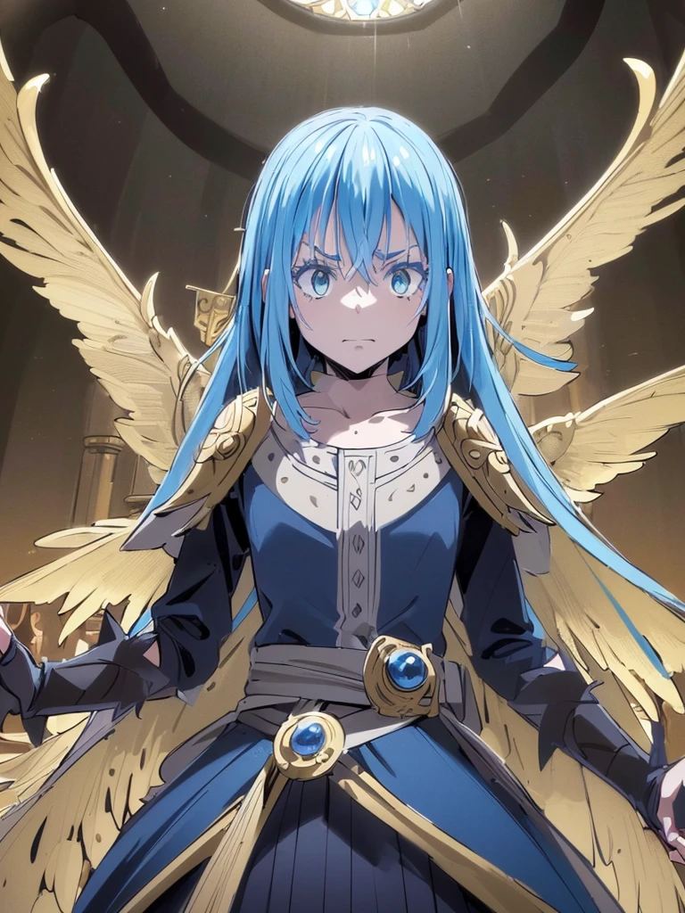 (best quality,4k,8k,highres,masterpiece:1.2),ultra-detailed,(realistic,photorealistic,photo-realistic:1.37),1 demonic androgynous character,long blue hair,golden eyes,demonic wings,Rey de reyes,Rimuru tempest,highly detailed face,intricate costume,fantasy,dramatic lighting,cinematic composition,moody atmosphere,bibrant colors