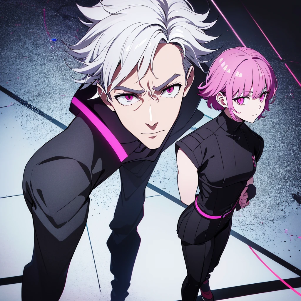 short white hair, highres, high resolution, masterpiece, wide dark pink eyes, talking, grinning, confident, masterpiece, best quality, highres, 1 man, Gojo Satoru jujutsu kaisen, wavy hair, white hair, medium short hair, teenager, colorful hair, light background, full body, teenager, colorful parts, symbols, dark , bold, realistic mixing dark lines and loose lines, bold lines, on paper, human man, full body, imposing pose, stylish outfit, dark theme, beautiful, pretty, modest, standing, male, sharp chin, high cheekbones, white background, highres, high resolution, masterpiece
