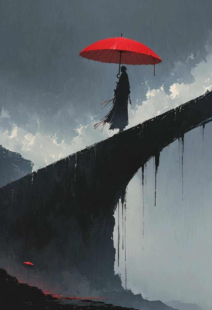A simple one,Minimalist illustration, 1 red umbrella hanging in the air,Tassels on umbrellas,On the edge of a cliff,bridge