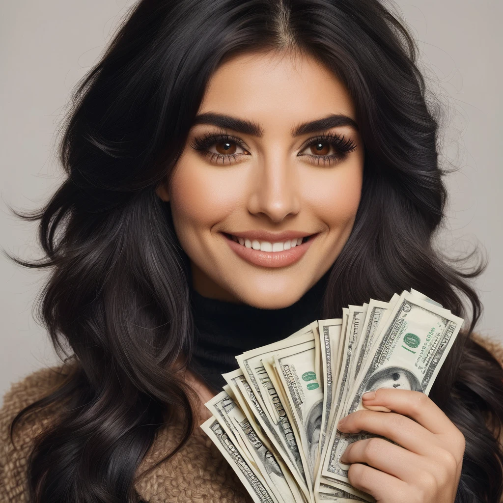 bearded woman beautiful shaggy beard, black hair, brown eyes, eyeliner, proud smile, seductive look, hold a load of dollar bills