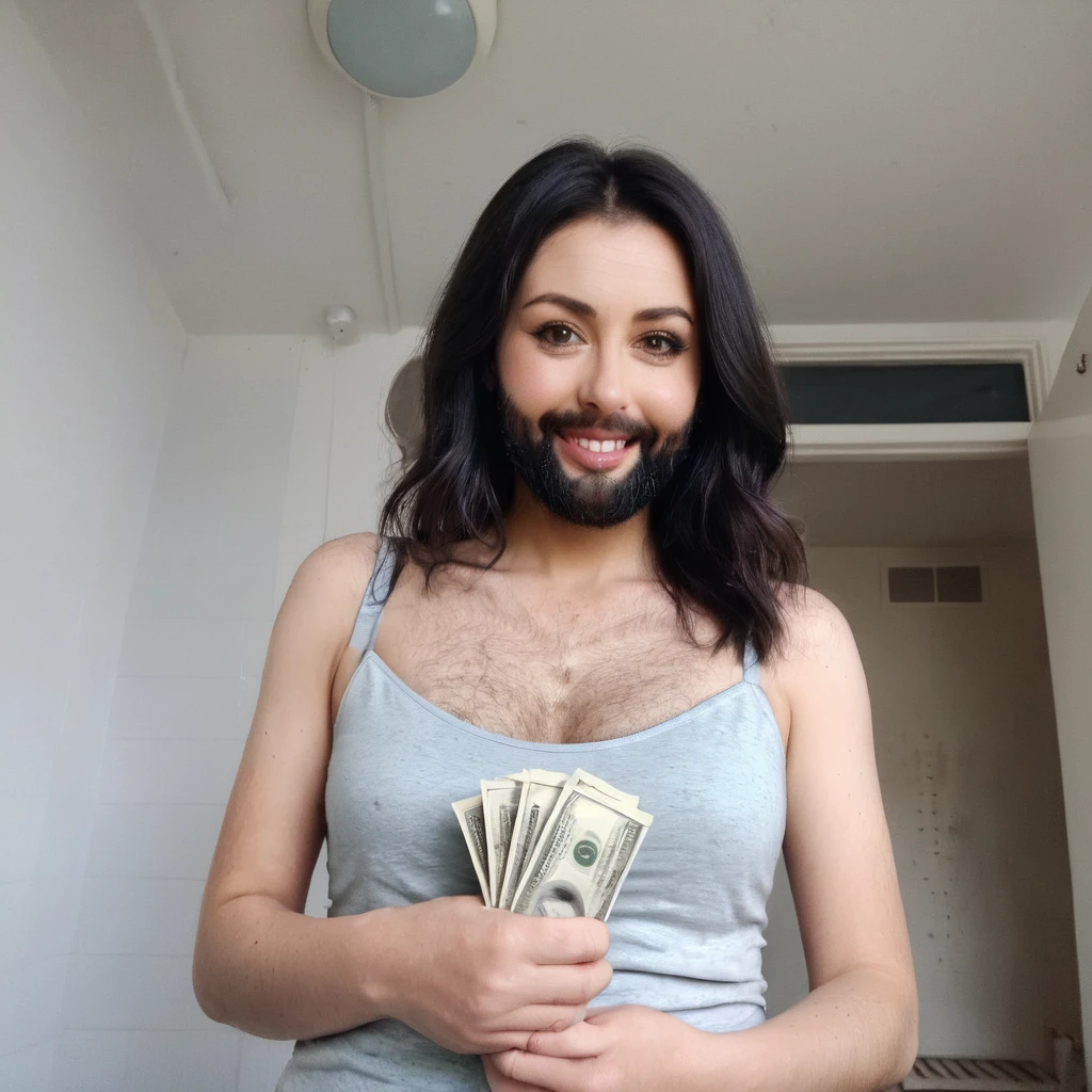 bearded woman beautiful shaggy beard, black hair, brown eyes, eyeliner, proud smile, seductive look, hold a load of dollar bills