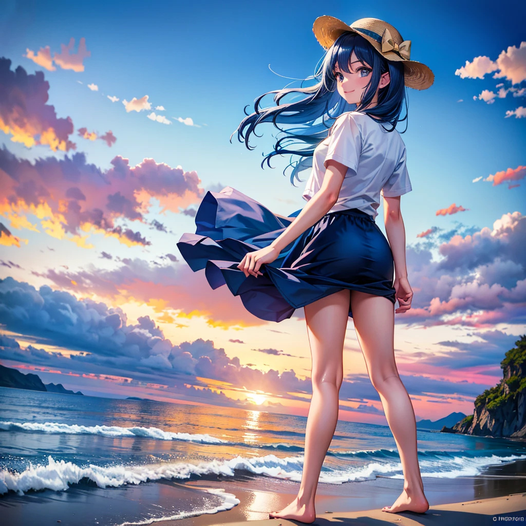 absurdity, high resolution, (official art, beautiful and aesthetic: 1.2), sparkling sky, vast world,((1 girl)), staring, awe-inspiring expression, distant horizon, clouds, natural beauty, inspiration, light effect, wide shot, from afar,beautiful woman, (masterpiece), (high resolution 8K), professional illustration, 1 girl, late teenage, walking, long shot, from behind, , short sleeve shirt, hat, long hair, blue hair, smile, looking up, on the beach, blue sky, daytime, in summer, natural lighting, detailed body, detailed skin
