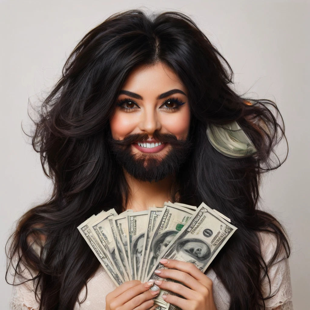 bearded woman beautiful shaggy beard, black hair, brown eyes, eyeliner, proud smile, seductive look, hold a load of dollar bills