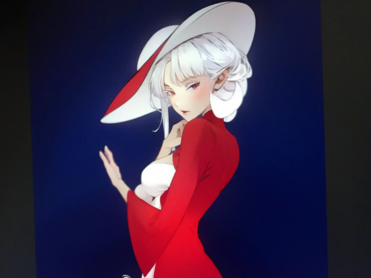 A mature and youthful anime woman, seductive and elegant personality, in a long red and white classy gown, with long sleeve and a really long train attached to her dress,
