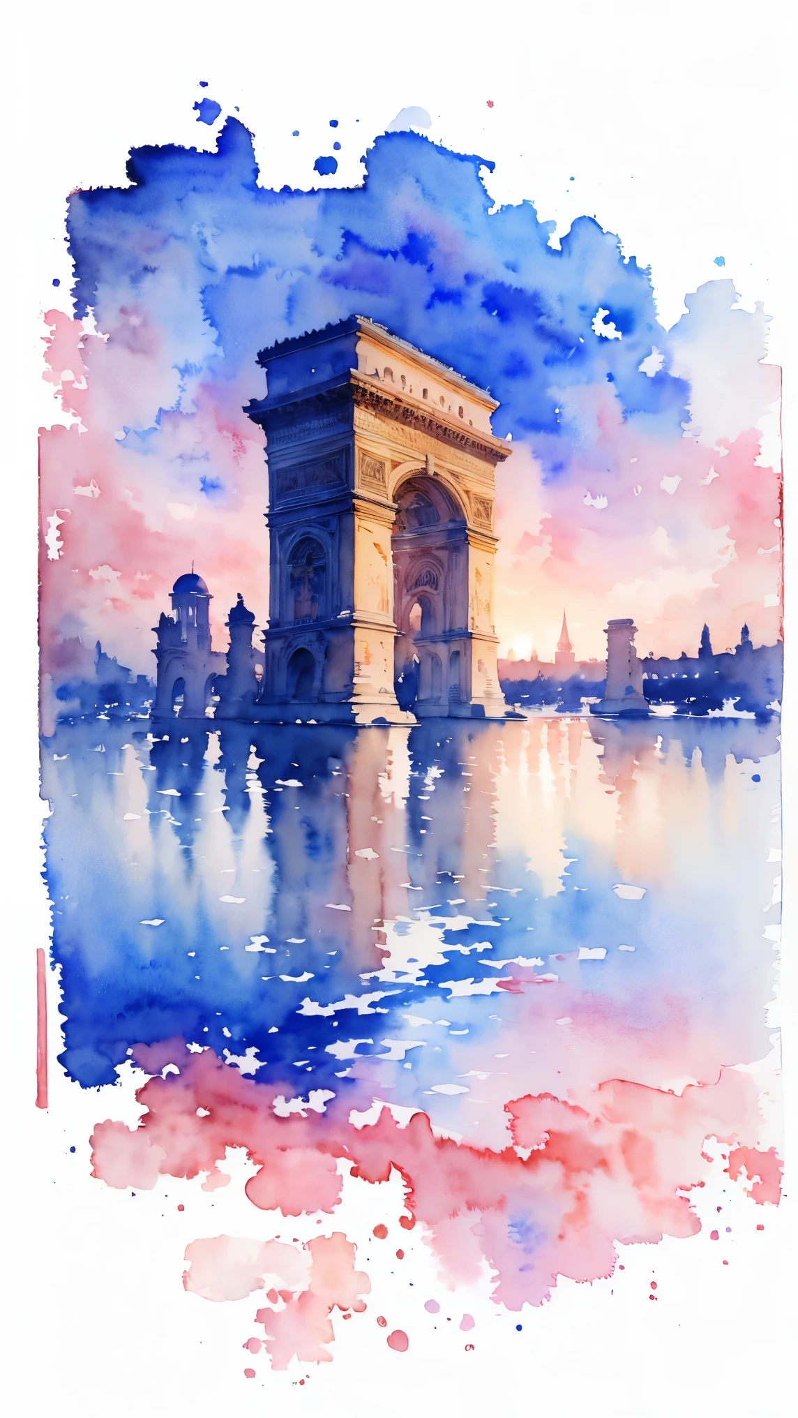 (masterpiece:1.2, Highest quality),(Very detailed),(((watercolor))),8K,wallpaper,Landscape of France,Arc de Triomphe,night,(((透明watercolor)))