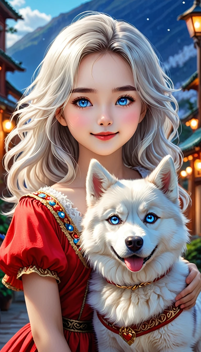 Create a close-up portrait in 4K resolution of a girl in a red dress with a white Siberian Husky dog. The girl should have a joyful and affectionate expression, with her hair styled naturally. She is wearing a vibrant red dress that stands out against the background. The white Siberian Husky dog, with its striking blue eyes and fluffy coat, is by her side, looking happy and alert. The setting can be a cozy living room or an outdoor scene with greenery, providing a warm and inviting atmosphere. The lighting should be soft and natural, highlighting the bond between the girl and her dog.