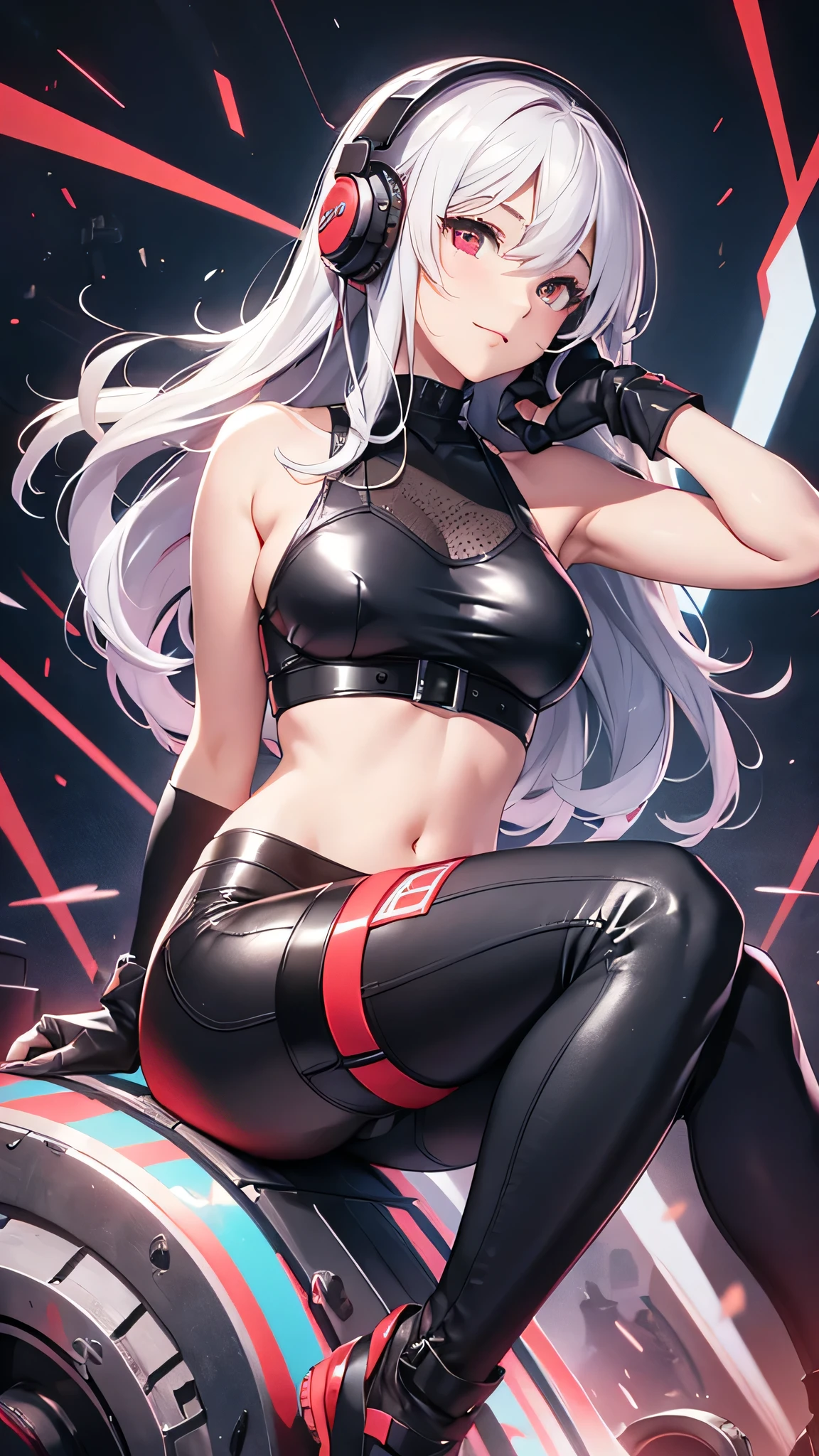 Highest quality、Highest quality、Masterpiece、girl((20-year-old、as soon as、Highest Bust、Medium Bust、Wide open chest、Red glowing eyes、Light Silver Hair、Disheveled Hair、Loincloth、thin、The best valley、Open chest、Full body view、Leather Tank Top、Leather pants、Smile、Leaning forward greatly,Perforated gloves、Sit on a chair、Grip the control stick、A tense face、Red headphones))、high quality、Beautiful Art、background((Space Station、In the cockpit))、flight、Flying Debris、Depth of text、movie、Visual Arts、Perfect Art、8K、Genuine、