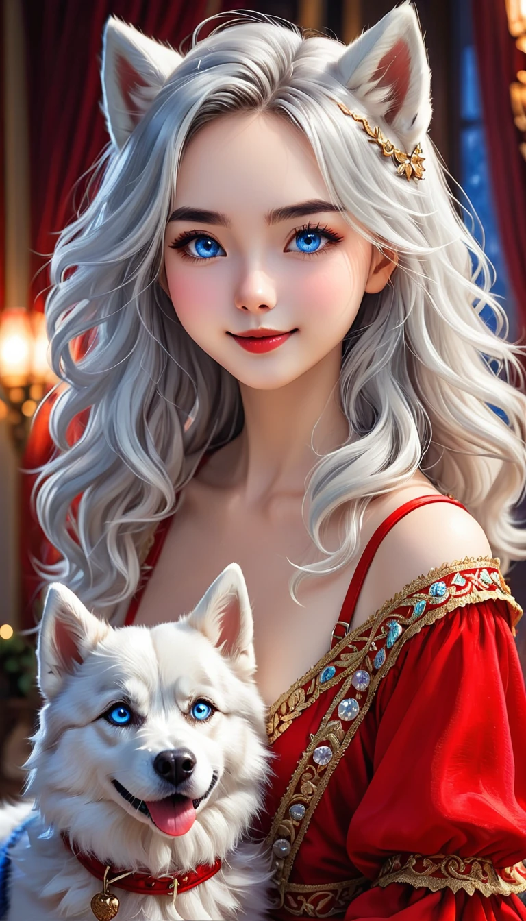Create a close-up portrait in 4K resolution of a girl in a red dress with a white Husky dog. The girl should have a joyful and affectionate expression, with her hair styled naturally. She is wearing a vibrant red dress that stands out against the background. The white Husky dog, with its striking blue eyes and fluffy coat, is by her side, looking happy and alert. The setting can be a cozy living room. The lighting should be soft and natural, highlighting the bond between the girl and her dog.