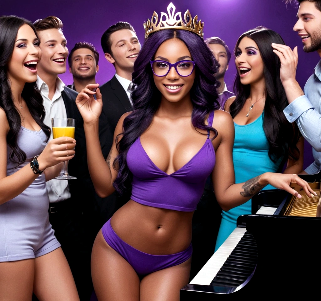 young man wears a crown on his head in a party environment, surrounded by friends and admirers. She's at the center of attention, with a confident smile. She holds a glass of drink and appears to be having fun without any worries. The men around her are clearly interested in her, with expressions of fascination and adoration. The atmosphere is lively, with flashing lights and loud music (Black-skinned woman Beautiful brunette with a perfect body, beautiful, big, perfect breasts, wide, thin thighs, perfect, everything perfect,) ((Art Style Full Length View, piano completo))characteristics (Purple and black straight hair style, wavy, prisoner, Loose) ( Clothing Style ) ( glasses Tattoo style Full Body):Lábios pintados de preto e purple,eye-catching makeup, styles and colors (purple, cerulean) in some scenes. Different in each scene, with luxurious pieces and jewelry, varying for styles, .8K uhd, high qualiy, volumetric light, photoshot, high resolution, 4K, 8K