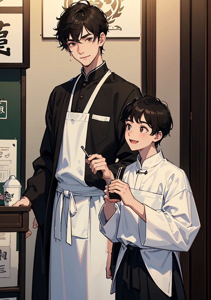 A tall boy with short black hair that wear a white university shirt under black apron and wear a black mask standing with a cute boy with short black brown hair that wear a university shirt and happiness smile both of them standing in front of chinese soy milk store