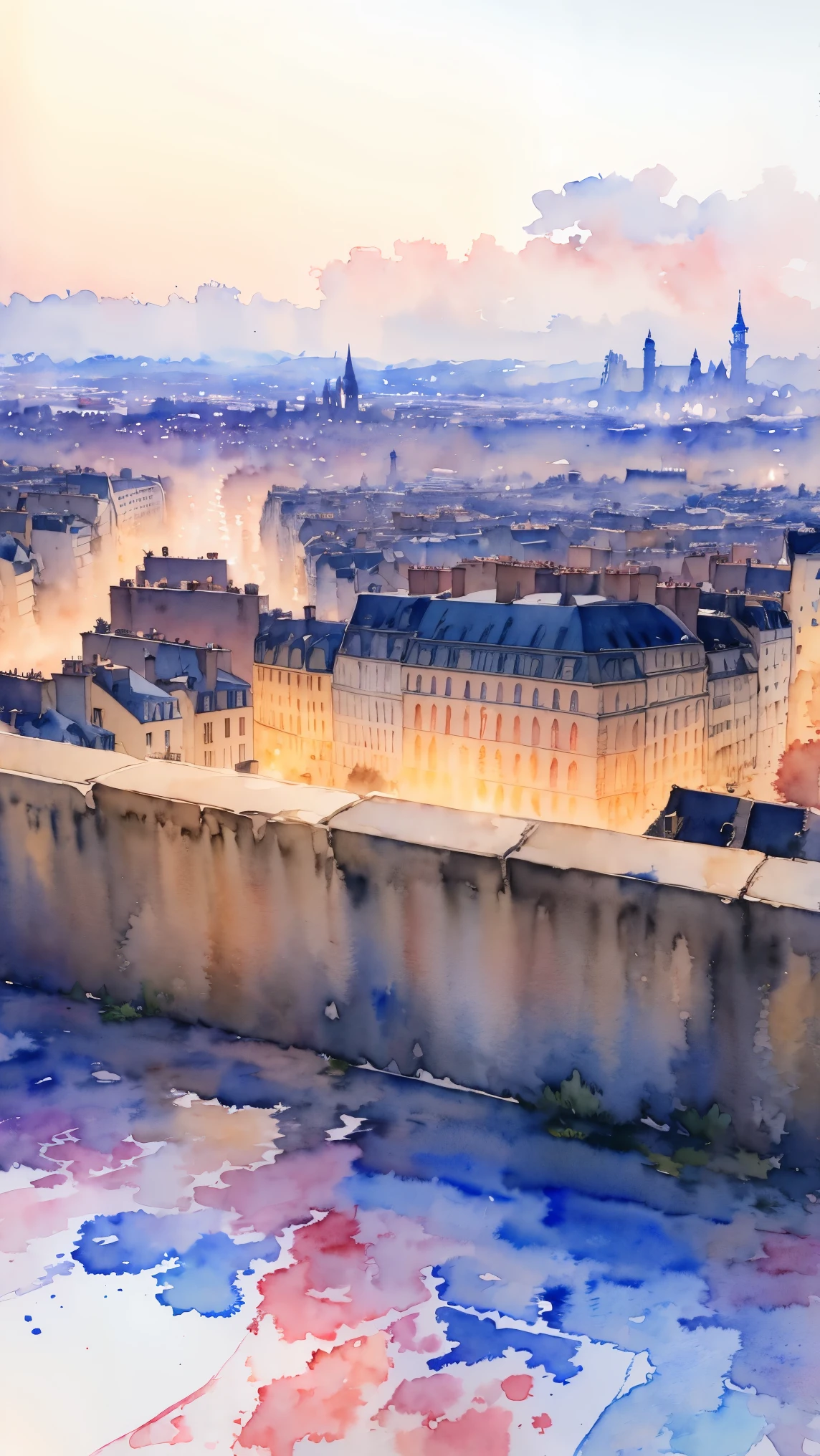 (masterpiece:1.2, Highest quality),(Very detailed),(((watercolor))),8K,wallpaper,Landscape of France,View of Paris from Montmartre hill,night