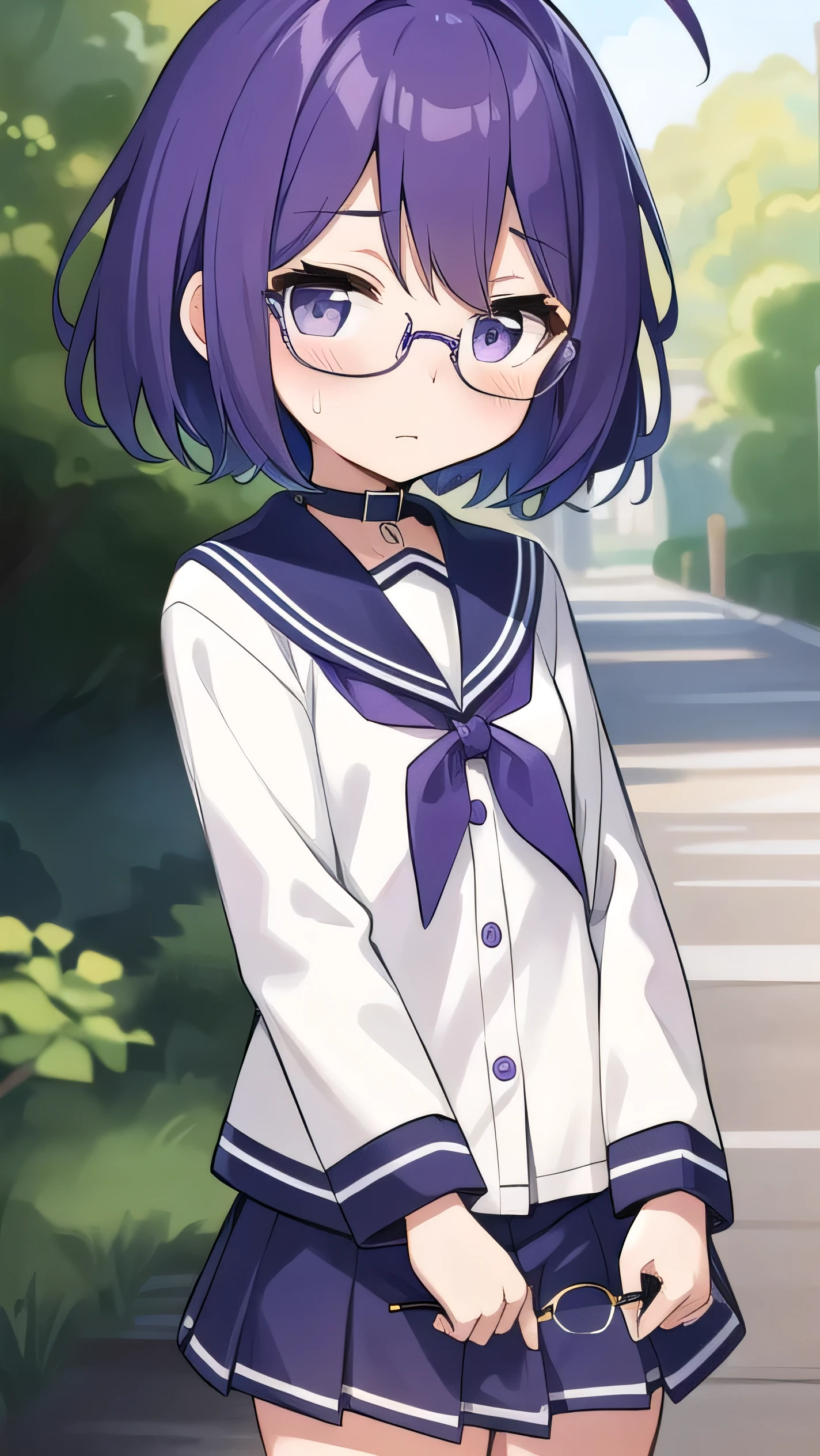 (Purple hair:1.4), gray eyes, white , navy blue miniskirt, , short, short long hair, kind expression, shy, , almost no breasts, slightly exposed. hair,(flipped hair ), flipped hair, long sleeves, ahoge, girl alone, flipped hair, flipped hair, flipped hair, flipped hair, glasses with no edges, embarrassed, flat chest