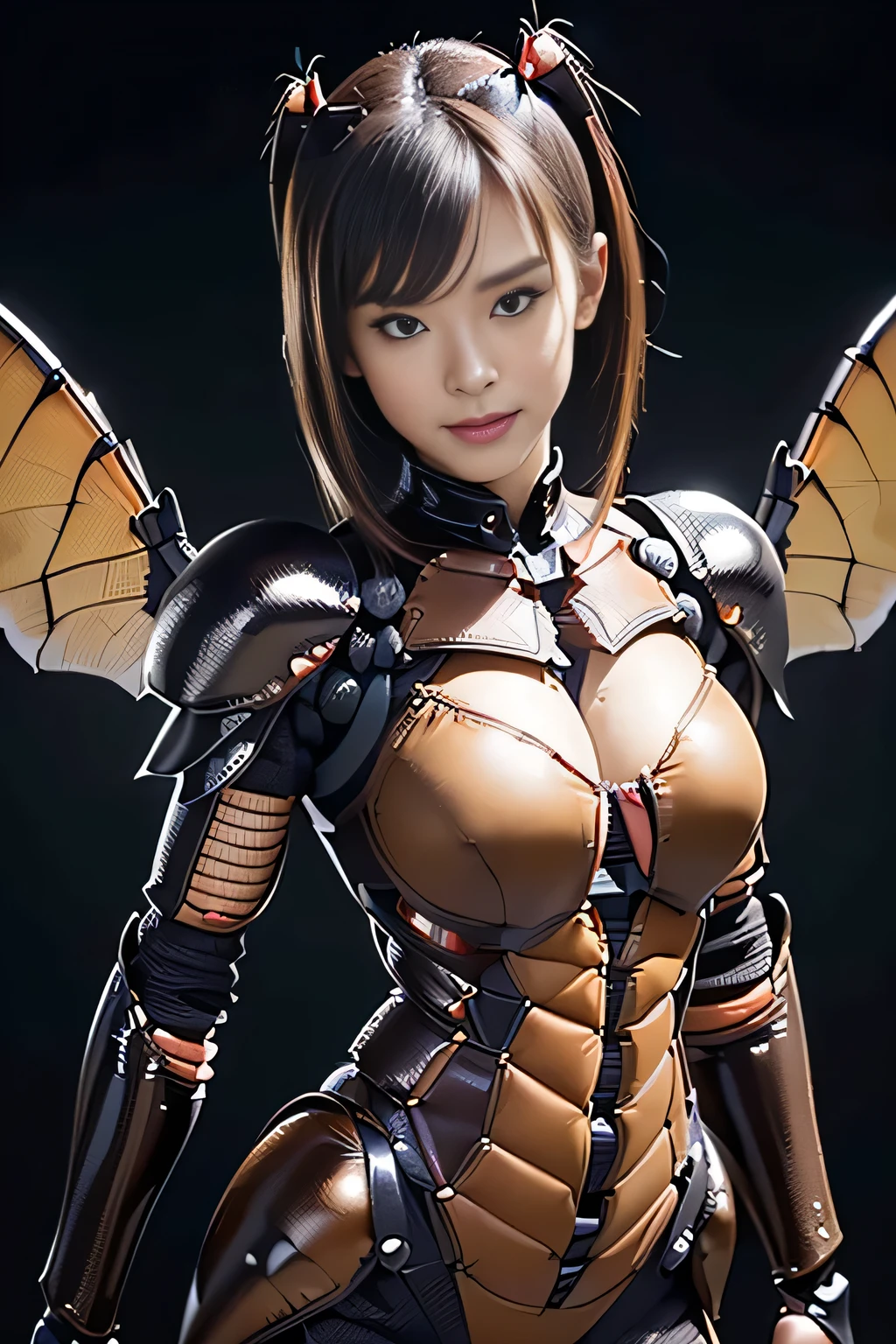 (high resolution,masterpiece,best quality,extremely detailed CG, anime, official art:1.4), realistic, photo, amazing fine details, all intricate, gloss and shiny,awesome many layers, 8k wall paper, 3d, sketch, kawaii, illustration,( solo:1.4), perfect female proportion,villainess, (fusion of dark brown cockroach and lady:1.4), (brown cockroach form lady:1.2), (brown cockroach lady:1.2), (fusion:1.2), (solo:1.4), (evil smile:1.2), muscular, abs, (cockroach brown exoskeleton bio insect suit:1.4), (cockroach brown exoskeleton bio insect armor:1.2), (brown transparency cockroach wing:1.4), (brown cockroach antennae:1.3),