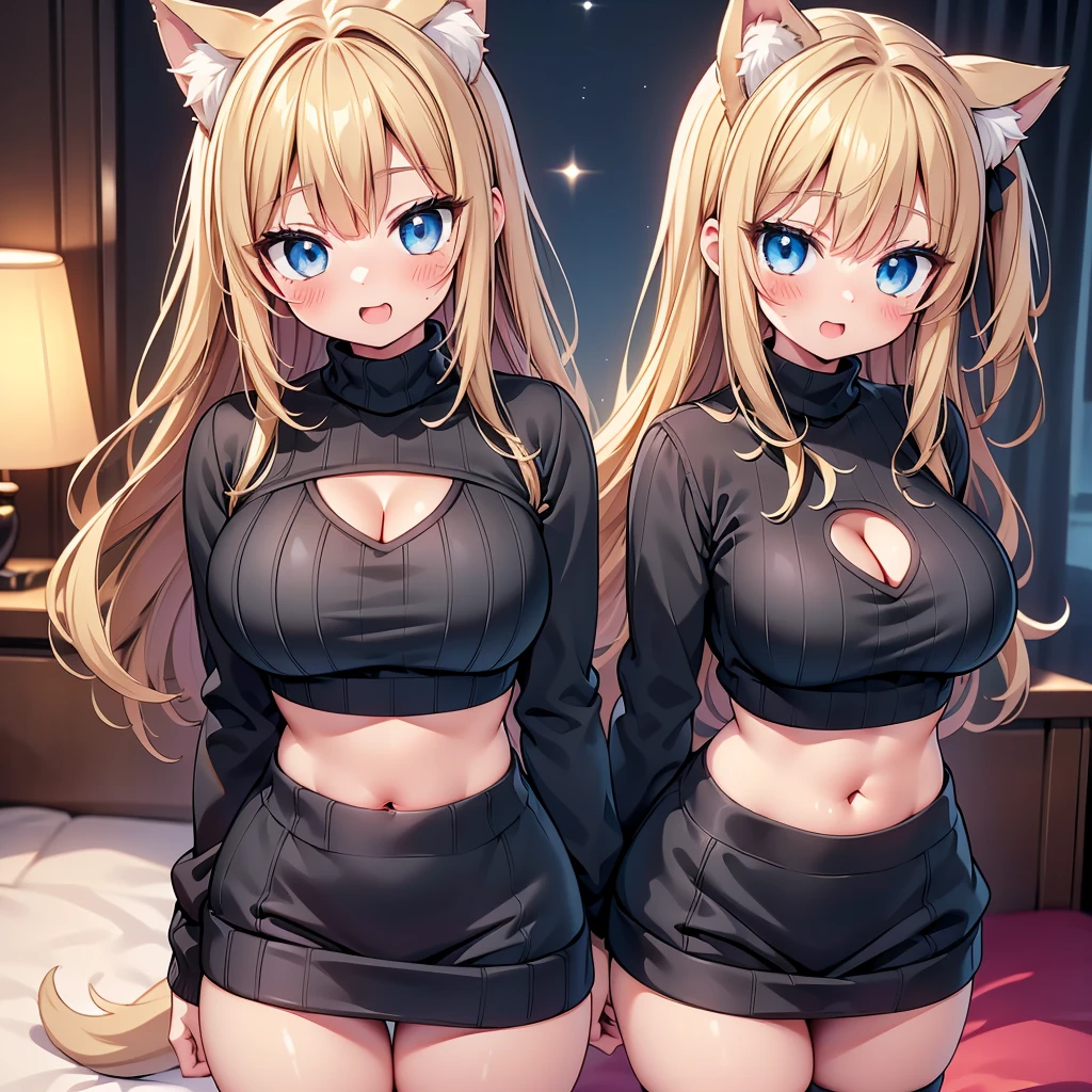 (cute eyes:1.2), (sparkling eyes:1.2), highest quality,wonderful,finely,extremely detailed CG Unity 8K wallpaper, 1 girl, single, alone, Beautiful woman、I could see the whole body、 ((Wavy mid-hair, bangs, Brown Hair)), ((Brown eyes, Beautiful eyelashes, Realistic eyes)), ((Detailed face, blush:1.2)), ((Smooth texture:0.75, Realistic texture:0.65, Realistic:1.1, Anime CG Style)), Medium breast, Dynamic Angle, Perfect body, Upper grades、A shy smile, virgin killer sweater, (sweater dress:1.2), (ribbed sweater,sideboob,cleavage cutout, turtleneck sweater,(black sweater:1.4),crop top navel), (huge breasts), (open mouth:1.1), (long tongue:1.1), (mouth drool:1.1), (black stockings:1.1),(Thighs:1.2),(Waistline:1.2),(midriff peek:1.2)
garota de anime com seios grandes sentada em uma cama com orelhas de gato, linda garota-gato de anime, garota anime sedutora, anime catgirl, gato anime muito linda, cute anime catgirl, anime cat, gato branco, raposa de cabelos brancos, holo is a wolf girl, anime waifu, Nekomimi, Nyaruko-san, garota gato atraente