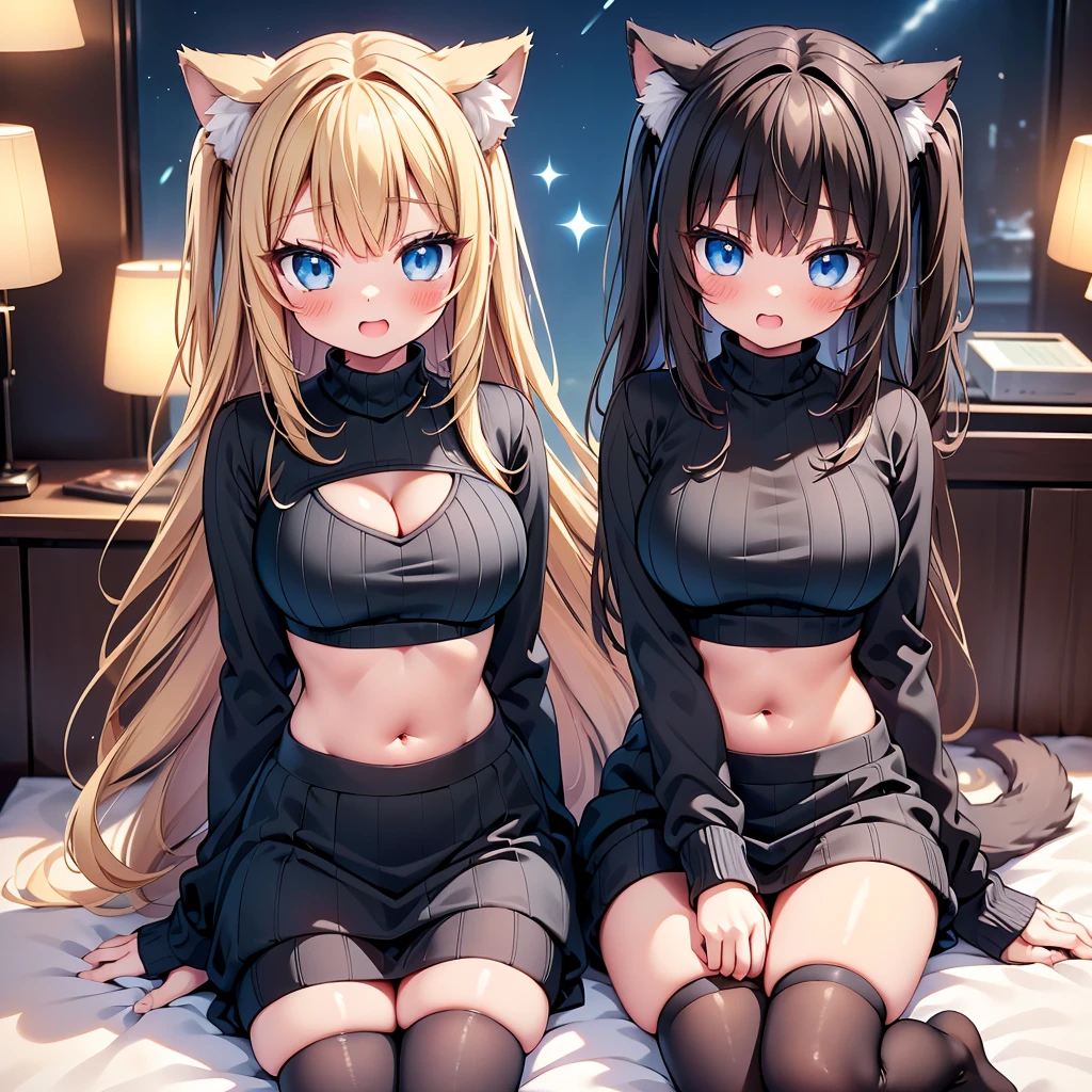 (cute eyes:1.2), (sparkling eyes:1.2), highest quality,wonderful,finely,extremely detailed CG Unity 8K wallpaper, 1 girl, single, alone, Beautiful woman、I could see the whole body、 ((Wavy mid-hair, bangs, Brown Hair)), ((Brown eyes, Beautiful eyelashes, Realistic eyes)), ((Detailed face, blush:1.2)), ((Smooth texture:0.75, Realistic texture:0.65, Realistic:1.1, Anime CG Style)), Medium breast, Dynamic Angle, Perfect body, Upper grades、A shy smile, virgin killer sweater, (sweater dress:1.2), (ribbed sweater,sideboob,cleavage cutout, turtleneck sweater,(black sweater:1.4),crop top navel), (huge breasts), (open mouth:1.1), (long tongue:1.1), (mouth drool:1.1), (black stockings:1.1),(Thighs:1.2),(Waistline:1.2),(midriff peek:1.2)
garota de anime com seios grandes sentada em uma cama com orelhas de gato, linda garota-gato de anime, garota anime sedutora, anime catgirl, gato anime muito linda, cute anime catgirl, anime cat, gato branco, raposa de cabelos brancos, holo is a wolf girl, anime waifu, Nekomimi, Nyaruko-san, garota gato atraente
