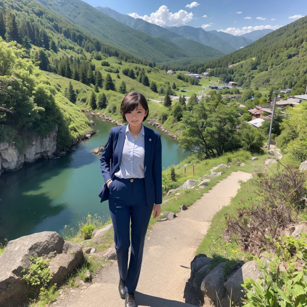 Female junior high school student president、pants suit、short hair、Deep in the mountains