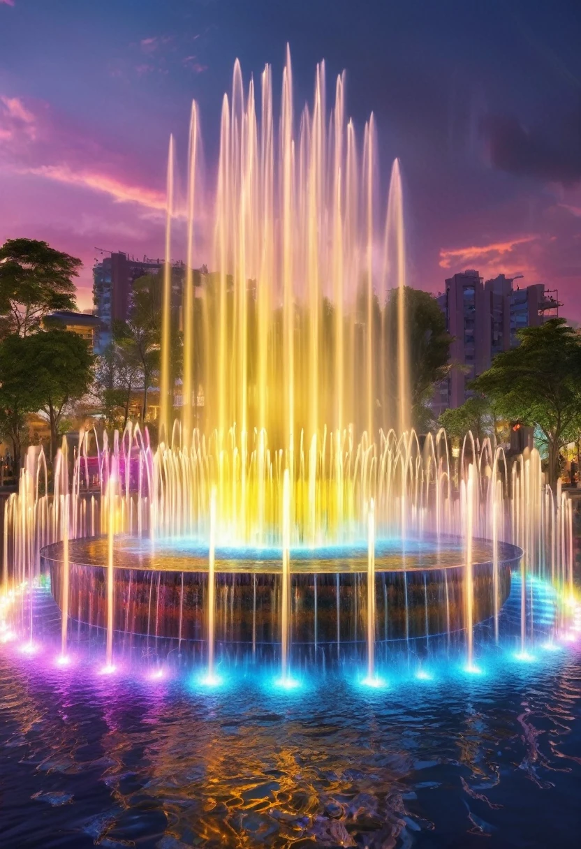 Dancing water columns of a musical fountain、Various combinations of light and water column々Create a unique pattern，Create a colorful scene，Detailed fantasy digital art，Highly detailed digital art in 4K，fantasy art action，Nice、money、High-quality images、gorgeous