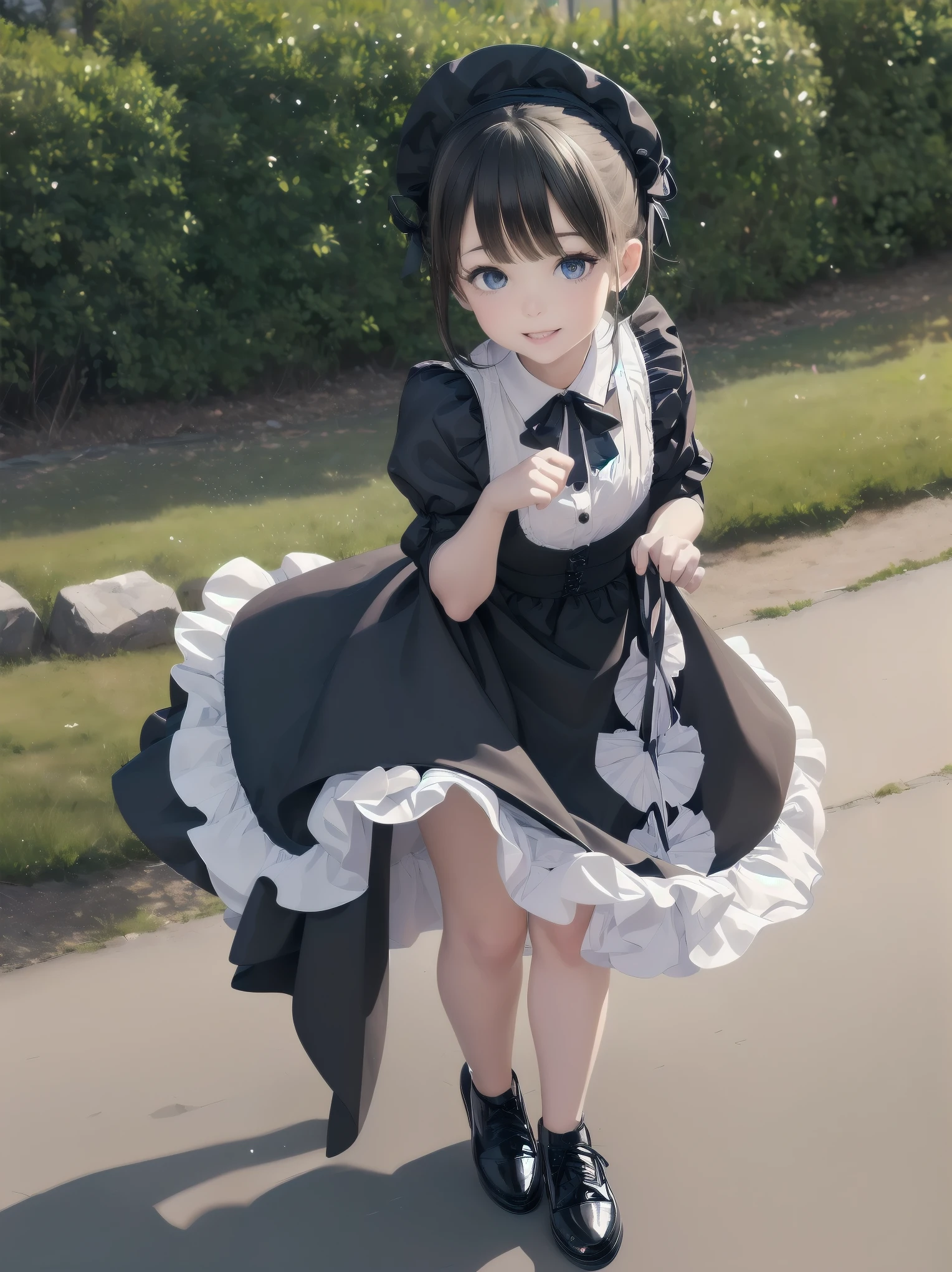 ((Very fine, Very fine CG Unity 8k Wallpaper, High Resolution, Absurd, Beautiful fine details, Very fine hair)), ((Masterpiece)), Outdoors, Sky, Clouds, Grass, ((Beautiful fine details)), Fashionable, One Girl, A smiling under the stars, a toddler wearing a maid hat with ruby accessories, she is wearing a white and black gothic maid dress with navy blue ribbon. Black stockings, black shoes, cute, super cute toddler maid