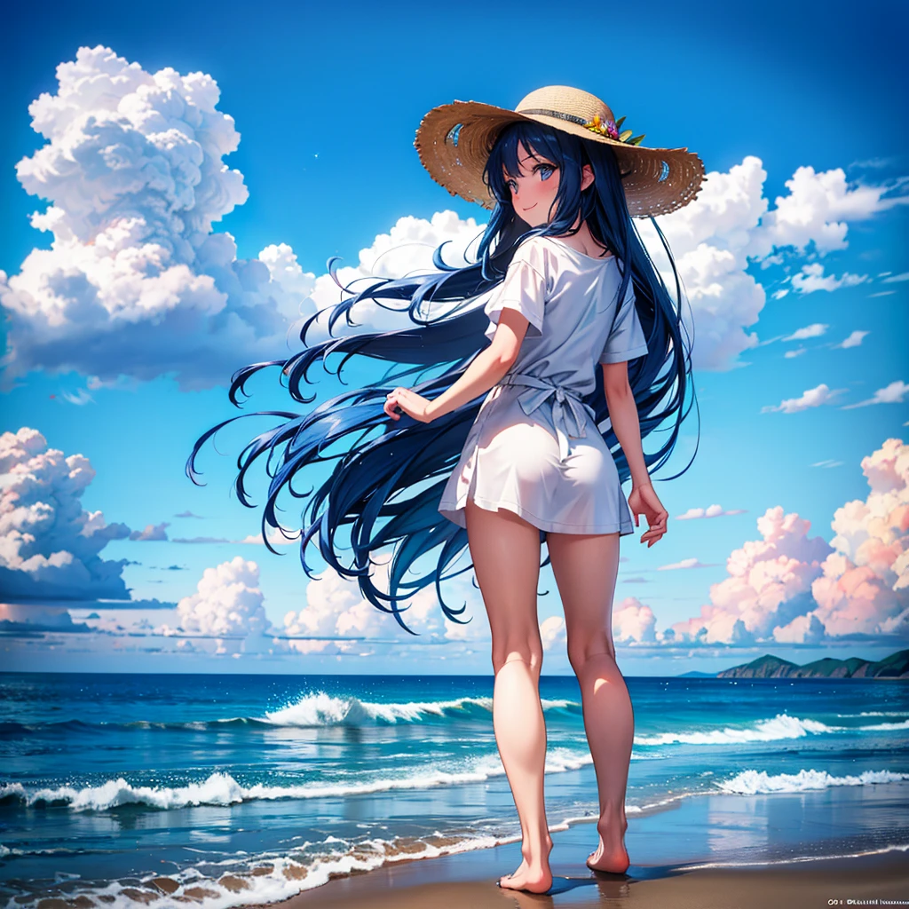 absurdity, high resolution, (official art, beautiful and aesthetic: 1.2), sparkling sky, vast world,((1 girl)), staring, awe-inspiring expression, distant horizon, clouds, natural beauty, inspiration, light effect, wide shot, from afar,beautiful woman, (masterpiece), (high resolution 8K), professional illustration, 1 girl, late teenage, walking, long shot, from behind, , short sleeve shirt, hat, long hair, blue hair, smile, looking up, on the beach, blue sky, daytime, in summer, natural lighting, detailed body, detailed skin
