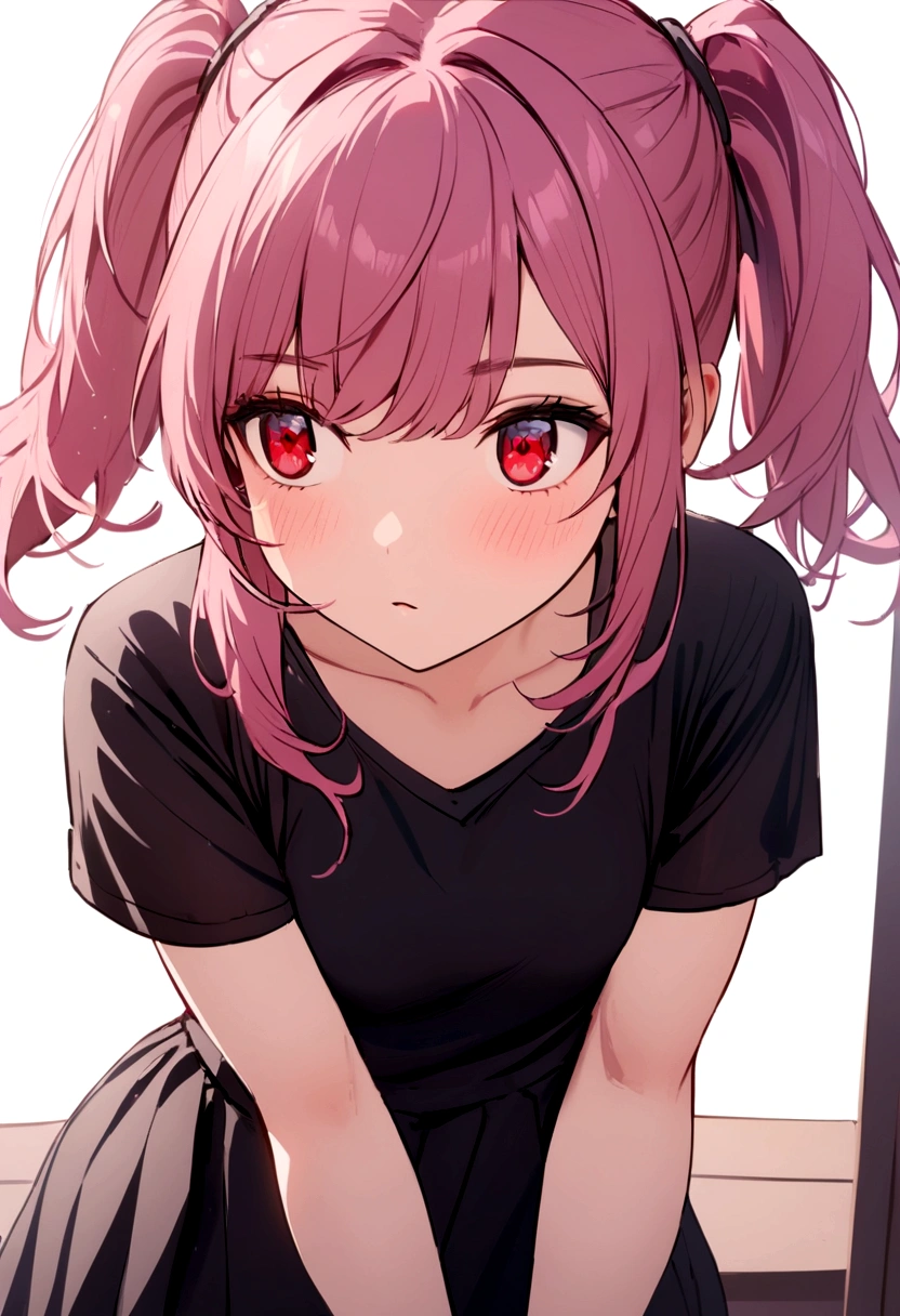 girl with dark pink hair with two ponytails, white t-shirt with black shirt, black skirt, Red eyes