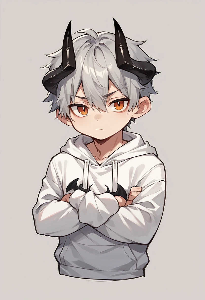 chibi drawing, Boy, white, with gray hair, wearing a white hoodie and black demon horns, with arms crossed