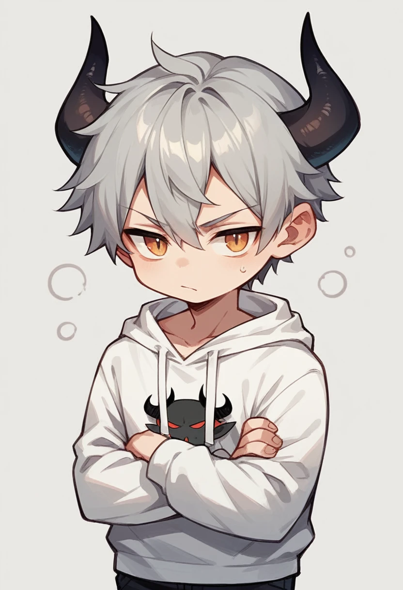 chibi drawing, Boy, white, with gray hair, wearing a white hoodie and black demon horns, with arms crossed