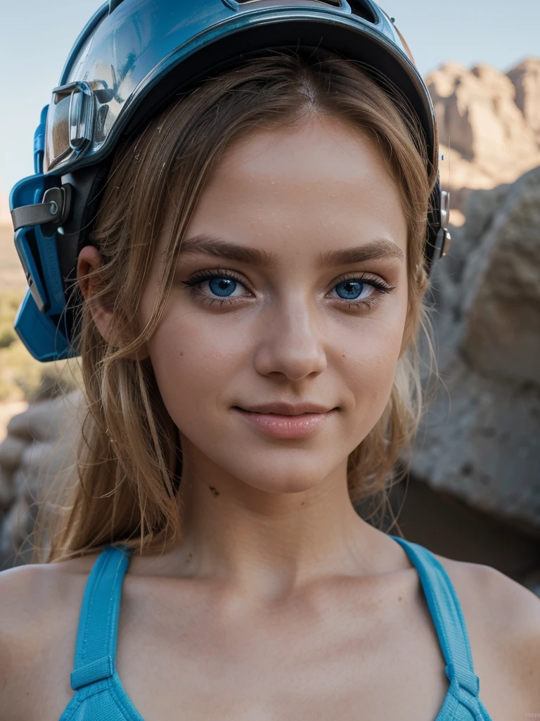 a 7  girl with blue eyes and blonde hair, smiling, wearing a climbing helmet, rock climbing, close-up shot, you can see the figure from the waist up,, sky and rocks in the background, (best quality,4k,8k,highres,masterpiece:1.2),ultra-detailed,(realistic,photorealistic,photo-realistic:1.37),extremely detailed eyes and face, beautiful detailed eyes, beautiful detailed lips, longeyelashes, dynamic pose, vibrant colors, dramatic lighting