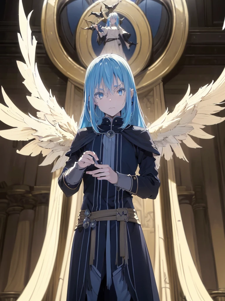 (best quality,4k,8k,highres,masterpiece:1.2),ultra-detailed,(realistic,photorealistic,photo-realistic:1.37),1 demonic androgynous character,long blue hair,golden eyes,demonic wings,Rey de reyes,Rimuru tempest,highly detailed face,intricate costume,fantasy,dramatic lighting,cinematic composition,moody atmosphere,bibrant colors