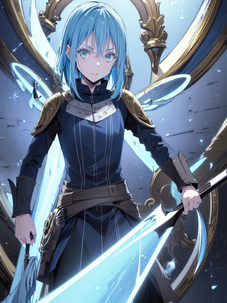 (best quality,4k,8k,highres,masterpiece:1.2),ultra-detailed,(realistic,photorealistic,photo-realistic:1.37),1 demonic androgynous character,long blue hair,golden eyes,demonic wings,Rey de reyes,Rimuru tempest,highly detailed face,intricate costume,fantasy,dramatic lighting,cinematic composition,moody atmosphere,bibrant colors