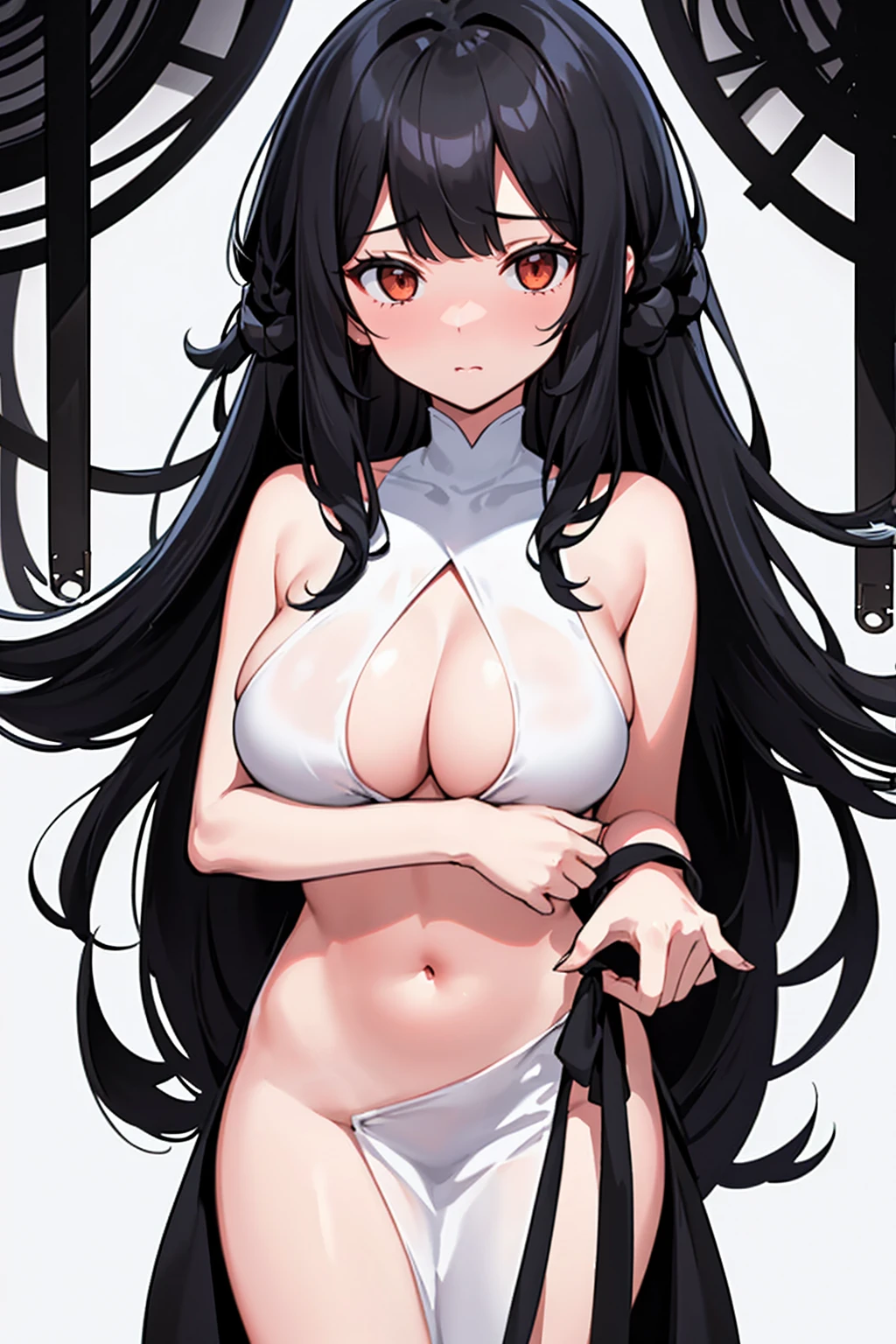 whole body,Standing posture, (alone,Beautifully arranged hair,Black Hair,Straight Long Hair,Hime cut,Cropped bangs,) (Super big breasts,Girl,), (beautifully drawn face:1.2) (Naked,) Embarrassed expression,(White background)
