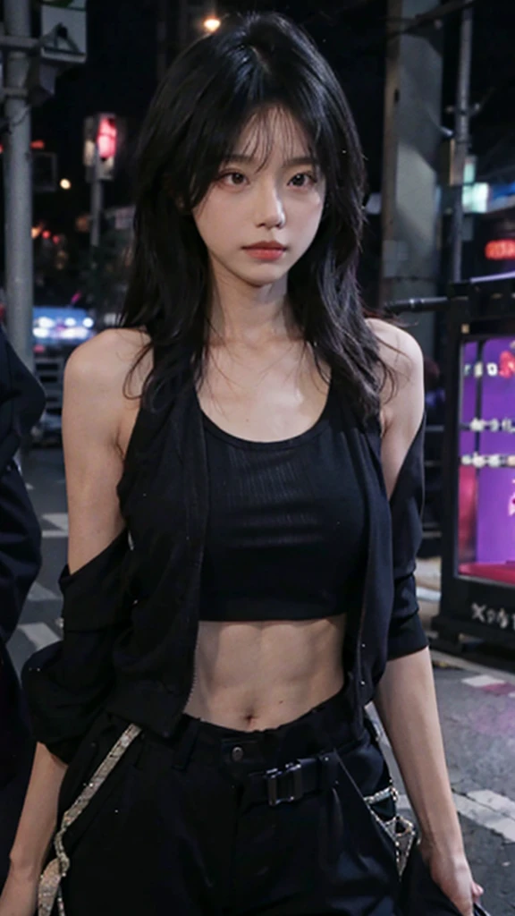 Japanese woman wearing a black jacket and purple tank top, tight black trousers, with six pack abs, long hair