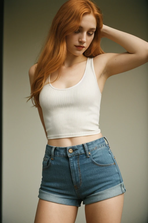 epiC35mm, fashion photography, perfectly shaded body, medium shot of a young woman with a long, light strawberry blonde hair, flowing past shoulders, long face, long proportionate nose, symmetrical face, (pear-shaped body),(curvy thighs), ((rounded shoulders)), (small breasts), wearing a long skin tight ribbed black tank top and high waisted jeans shorts, small smile
