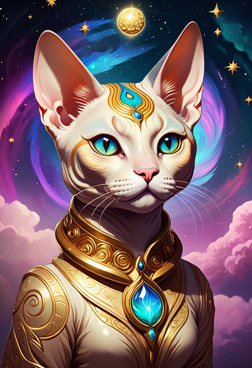 a medium quality digital illustration of a Sphynx Cat, gold and cosmic elements, Isabelle, Okumura Masanobu, fantasy art, magical, vibrant colors, mystical, detailed fur texture, whimsical, character design, celestial theme, unique character design, 4k, ethereal art style