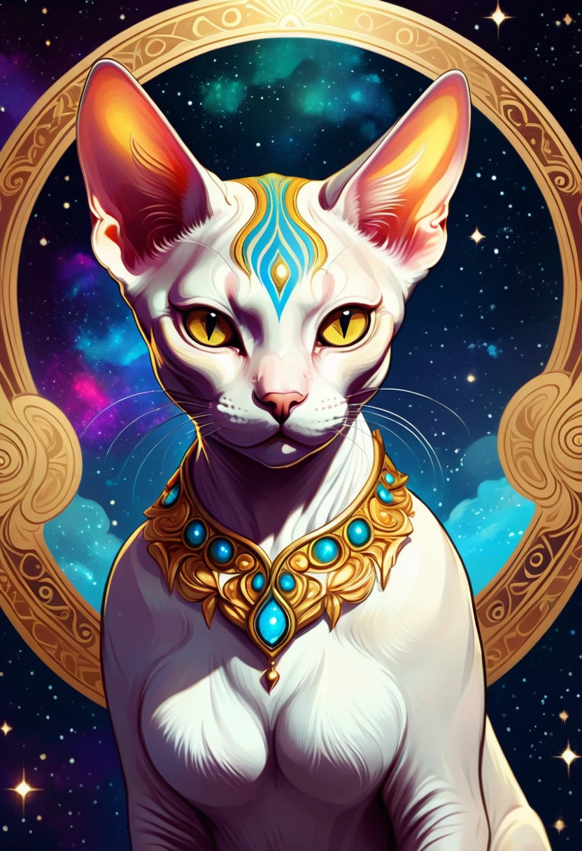 a medium quality digital illustration of a Sphynx Cat, gold and cosmic elements, Isabelle, Okumura Masanobu, fantasy art, magical, vibrant colors, mystical, detailed fur texture, whimsical, character design, celestial theme, unique character design, 4k, ethereal art style