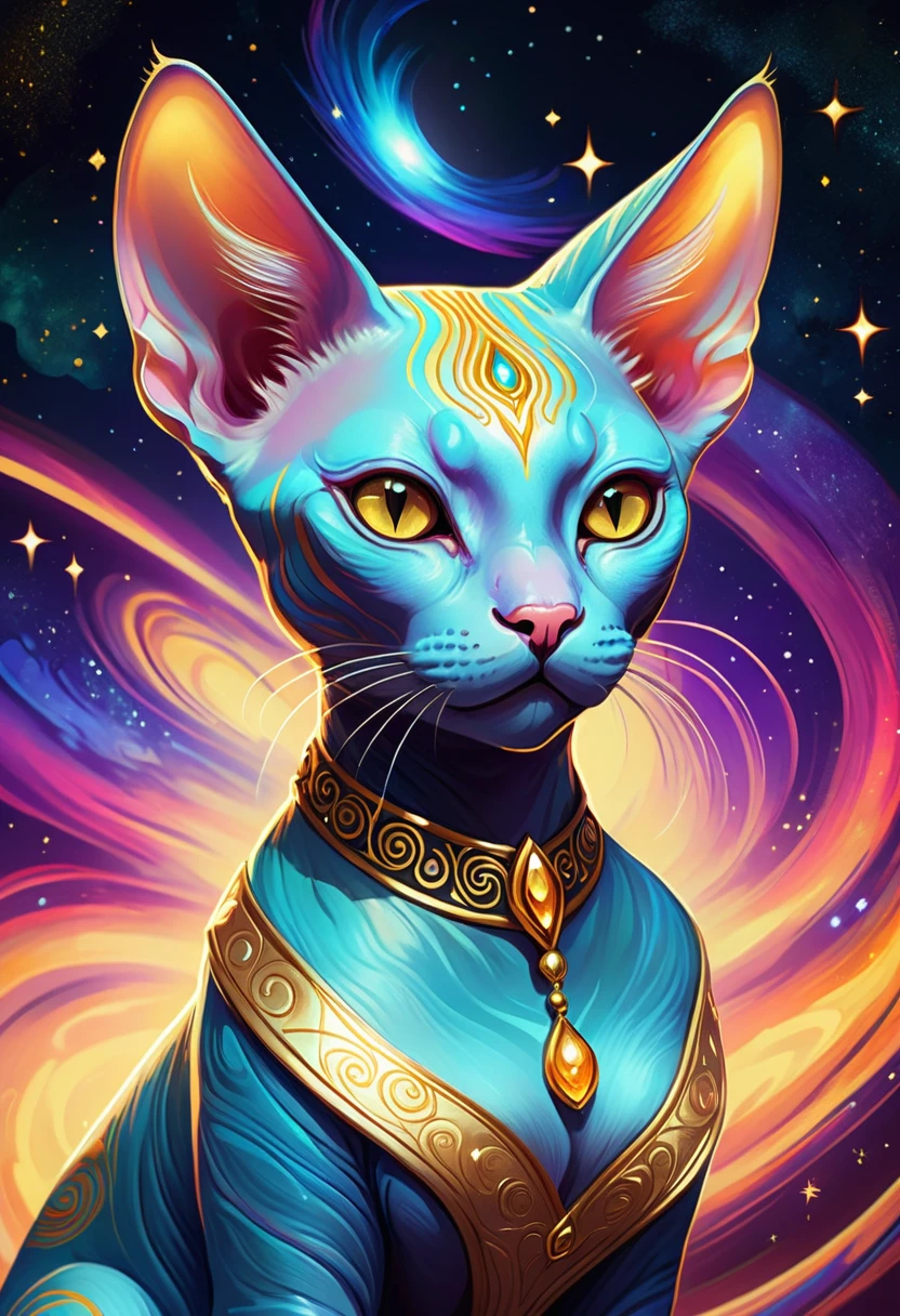 a medium quality digital illustration of a Sphynx Cat, gold and cosmic elements, Isabelle, Okumura Masanobu, fantasy art, magical, vibrant colors, mystical, detailed fur texture, whimsical, character design, celestial theme, unique character design, 4k, ethereal art style